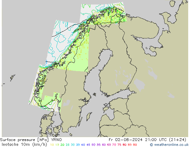 Isotachen (km/h) YRNO vr 02.08.2024 21 UTC