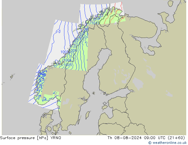 地面气压 YRNO 星期四 08.08.2024 09 UTC