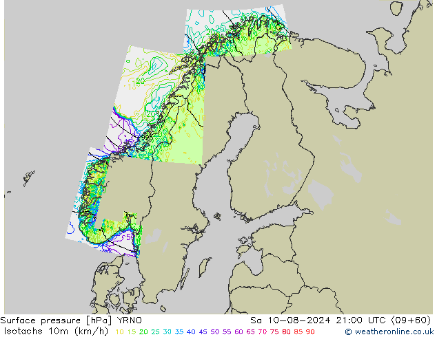 Isotachen (km/h) YRNO za 10.08.2024 21 UTC