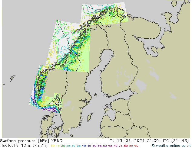 Isotachen (km/h) YRNO di 13.08.2024 21 UTC