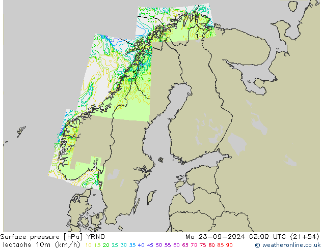 Isotachs (kph) YRNO lun 23.09.2024 03 UTC