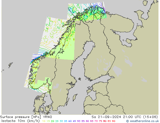 10米等风速线 (kph) YRNO 星期六 21.09.2024 21 UTC