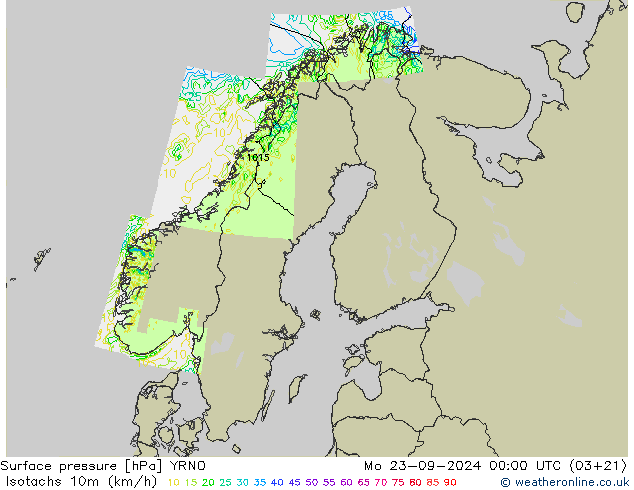 10米等风速线 (kph) YRNO 星期一 23.09.2024 00 UTC