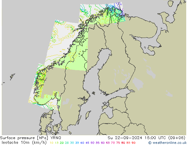 10米等风速线 (kph) YRNO 星期日 22.09.2024 15 UTC