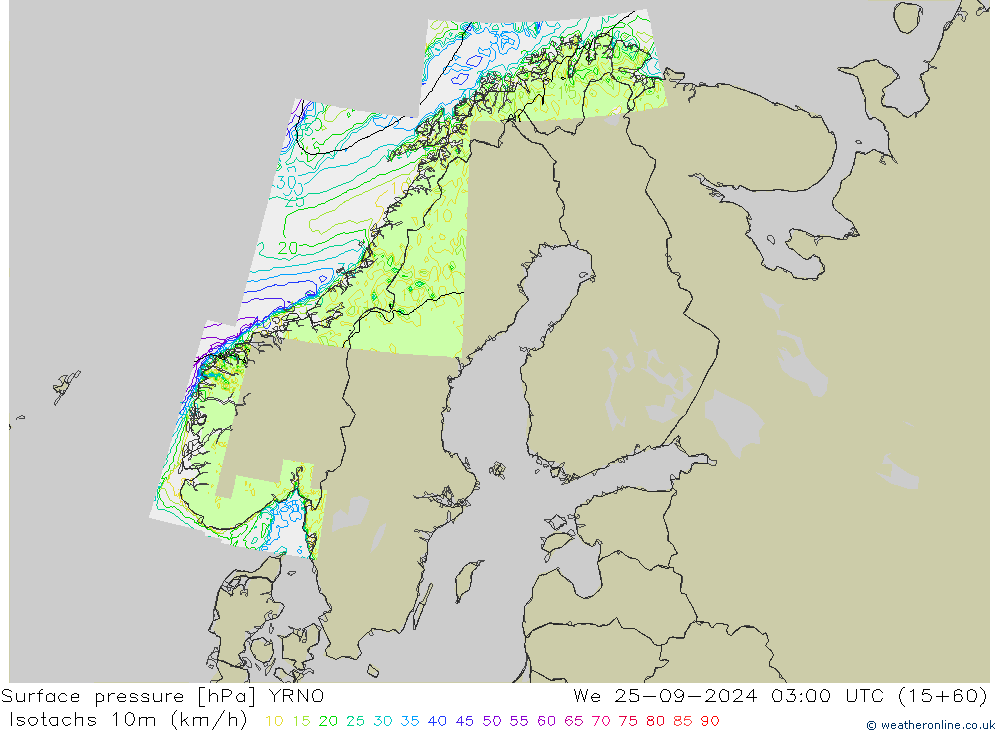 Isotachs (kph) YRNO mer 25.09.2024 03 UTC