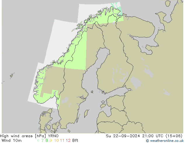 High wind areas YRNO 星期日 22.09.2024 21 UTC