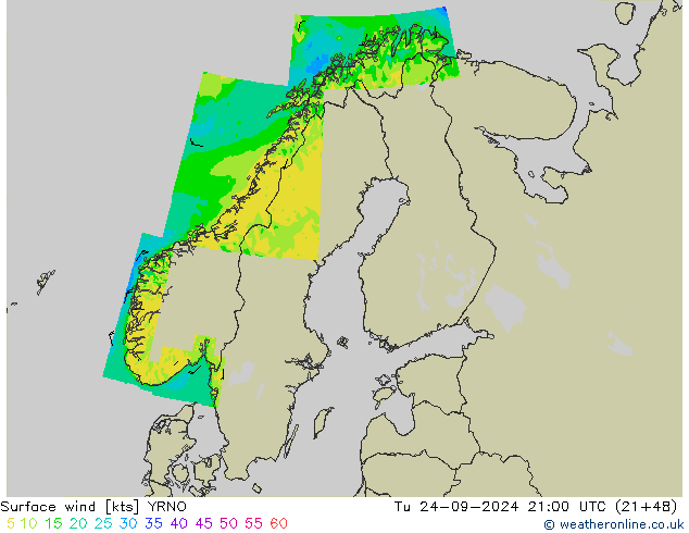 wiatr 10 m YRNO wto. 24.09.2024 21 UTC