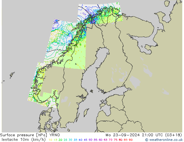 Isotachs (kph) YRNO пн 23.09.2024 21 UTC