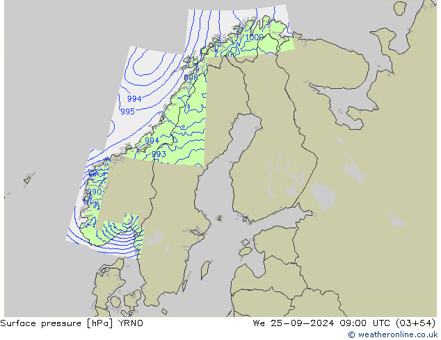 Pressione al suolo YRNO mer 25.09.2024 09 UTC