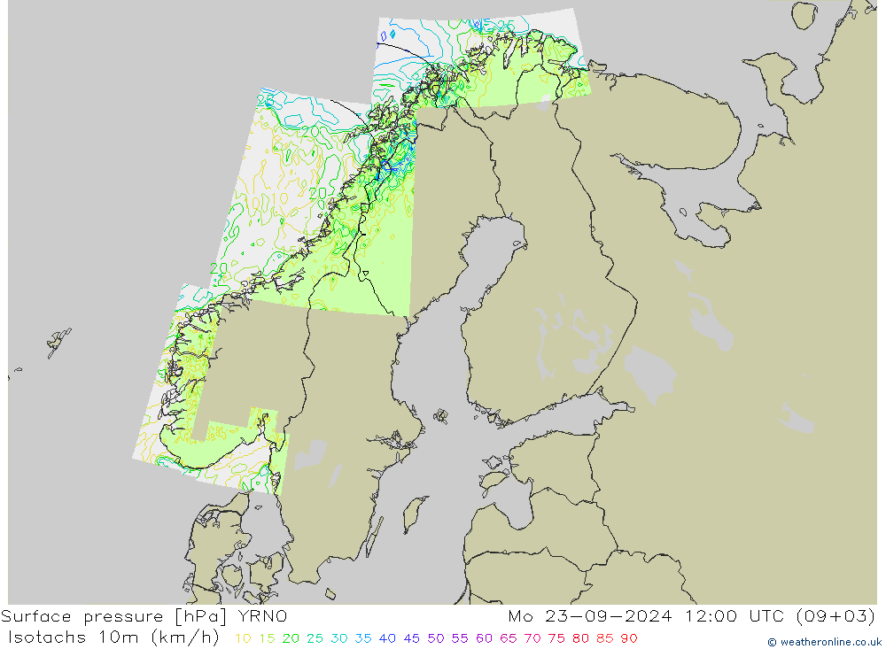 Isotachs (kph) YRNO Mo 23.09.2024 12 UTC