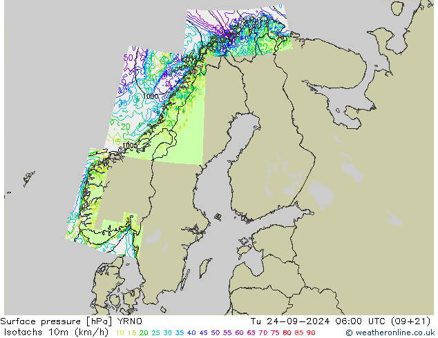 Isotachen (km/h) YRNO Di 24.09.2024 06 UTC