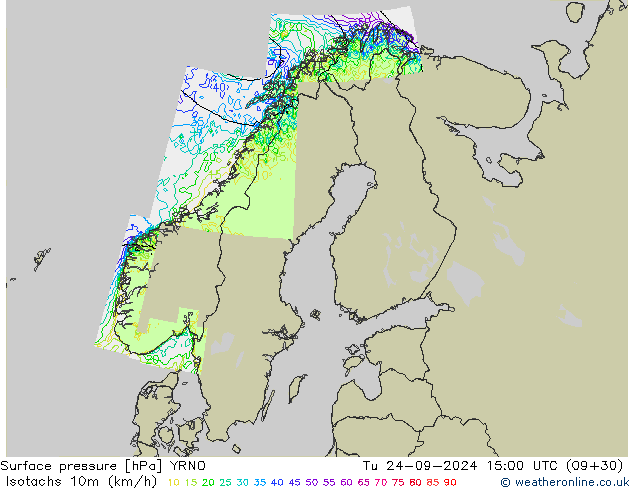 Isotachen (km/h) YRNO Di 24.09.2024 15 UTC