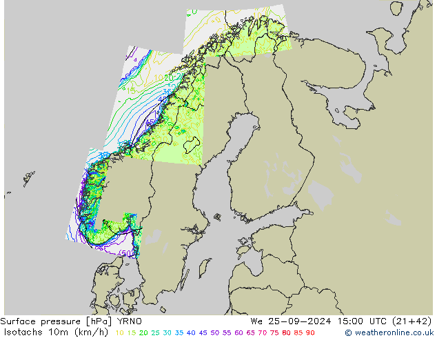 Isotachen (km/h) YRNO Mi 25.09.2024 15 UTC