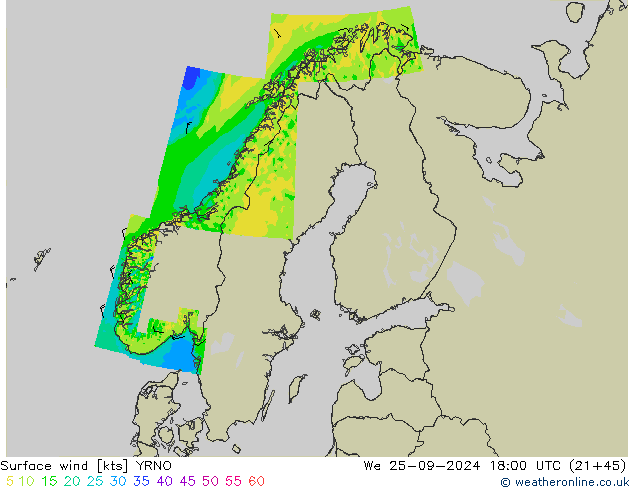 Vento 10 m YRNO mer 25.09.2024 18 UTC