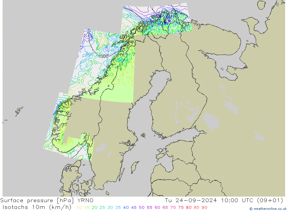 Isotachs (kph) YRNO вт 24.09.2024 10 UTC