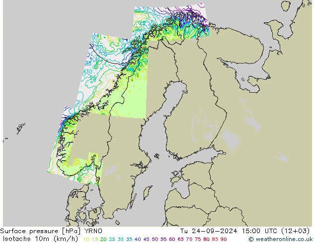 Isotachen (km/h) YRNO Di 24.09.2024 15 UTC