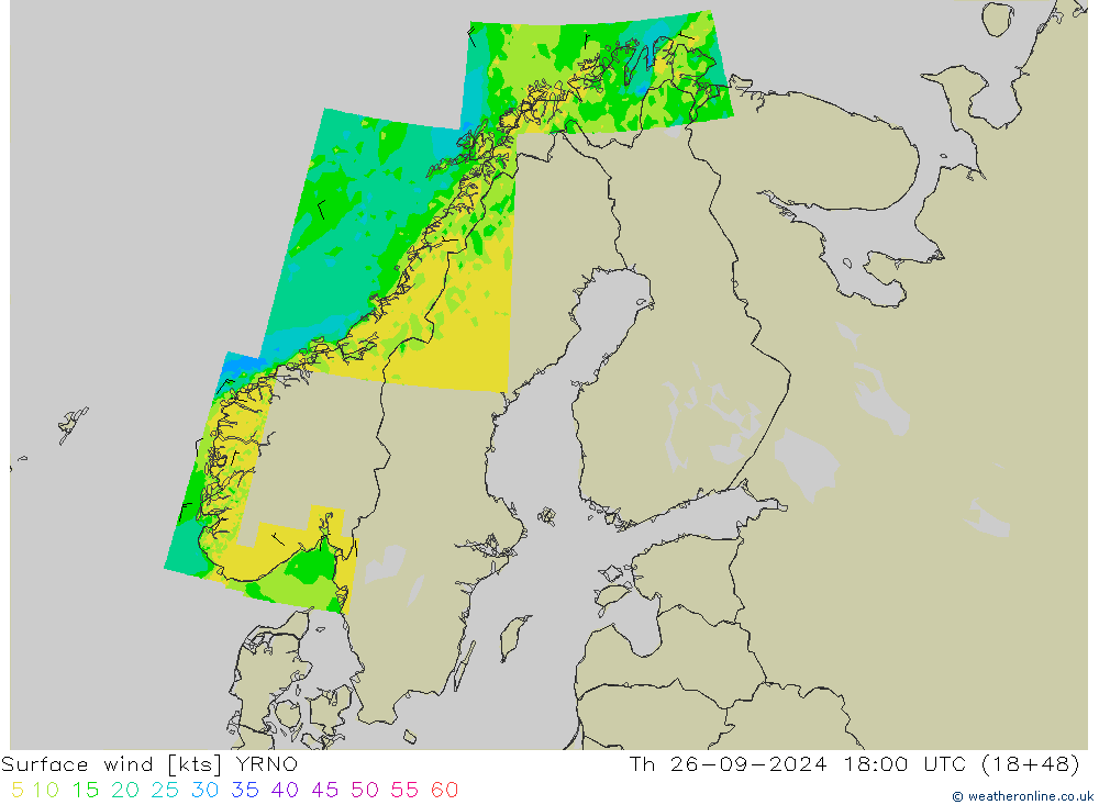 Vento 10 m YRNO gio 26.09.2024 18 UTC