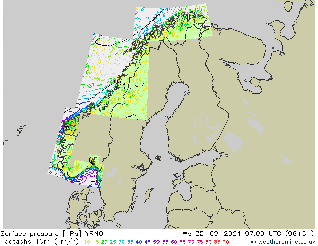 Isotachs (kph) YRNO mer 25.09.2024 07 UTC