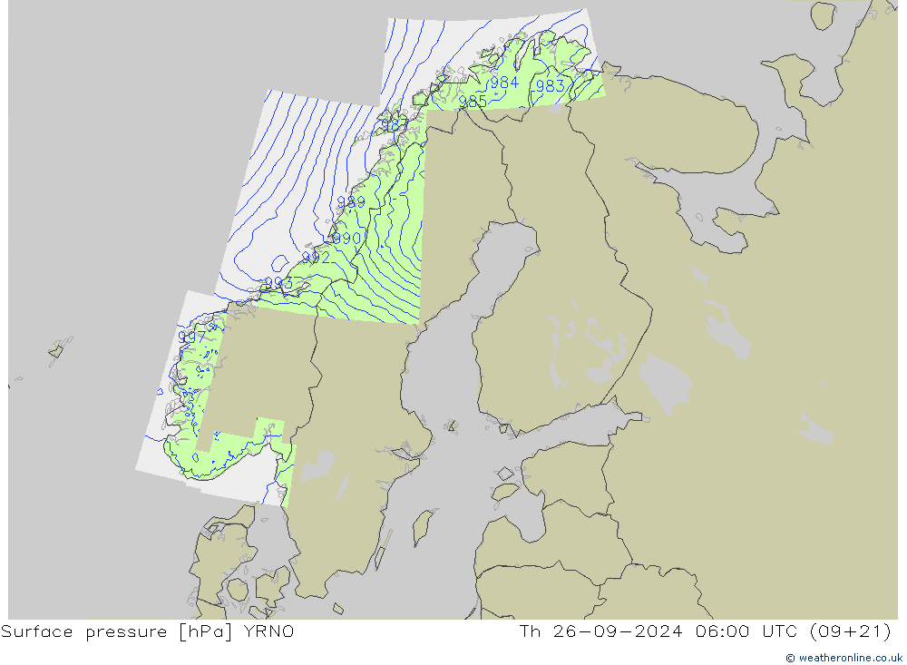 Pressione al suolo YRNO gio 26.09.2024 06 UTC