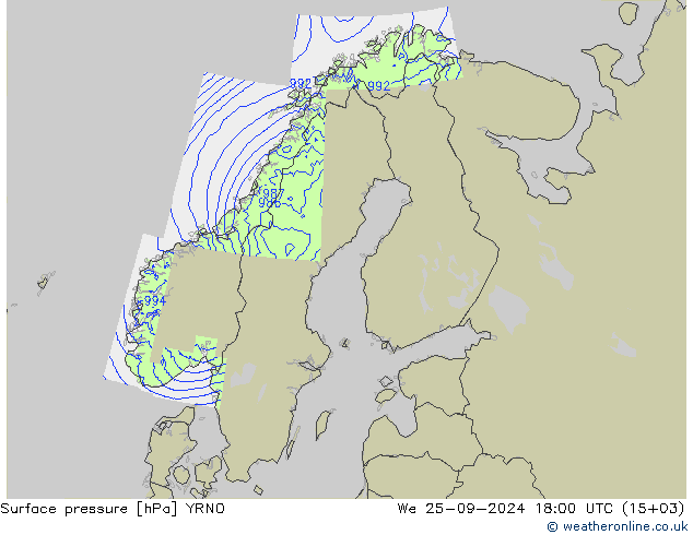 Pressione al suolo YRNO mer 25.09.2024 18 UTC