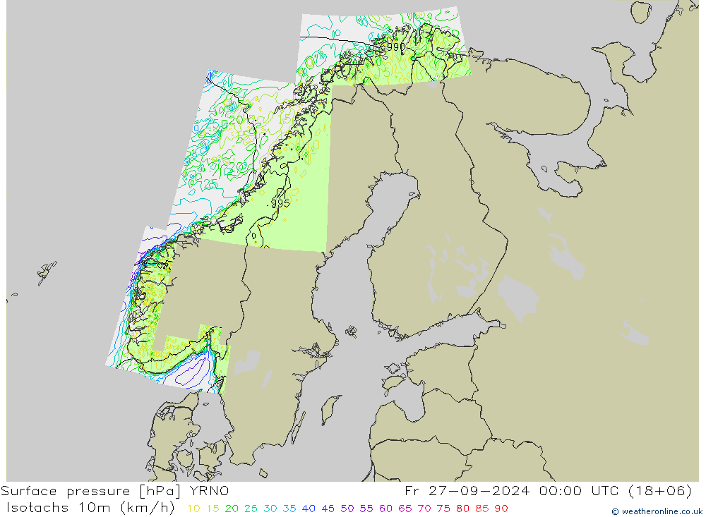 Izotacha (km/godz) YRNO pt. 27.09.2024 00 UTC